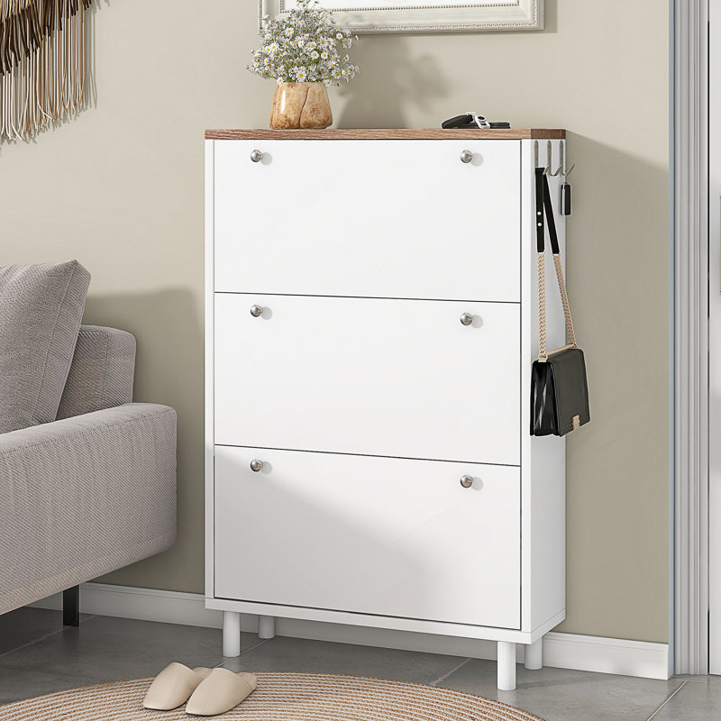 Narrow Design Shoe Cabinet With 3 Flip Drawers, Wood Grain Pattern Top Entryway Organizer With 3 Hooks, Free Standing Shoe Rack With Adjustable Panel For Hallway