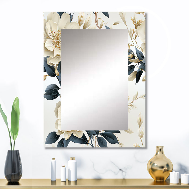 Altunay harmonie de coquelicots blancs et bleus - décor de miroir mural floral unique, grand miroir floral, art imprimé en métal