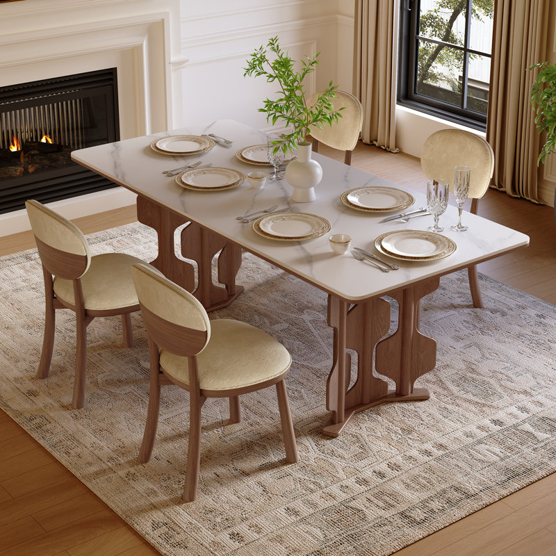 Table de salle à manger 71 "avec plateau en pierre frittée, piédestal en bois de frêne massif pour 6