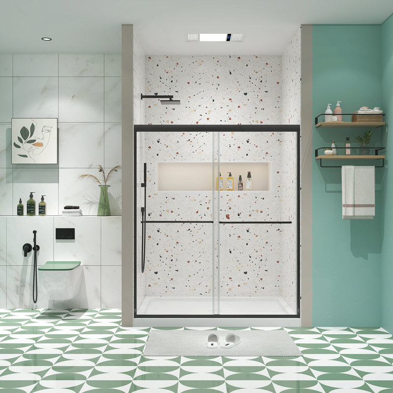 Bypass shower door, sliding door, with 1/4" tempered glass and Matted black finish 50-54"x70", Black