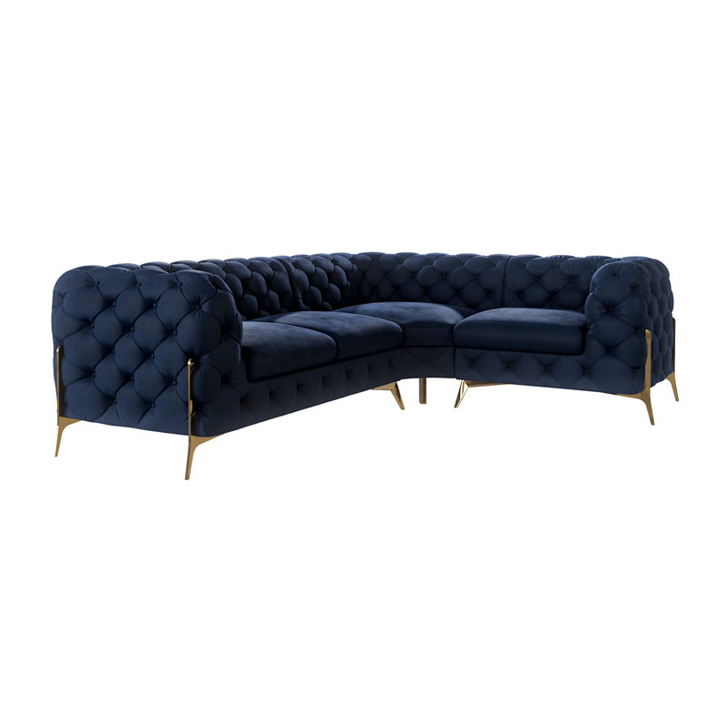 Chesterfield Corner Sofa L-Shape  with Gold Metal Legs, Navy Blue, Left Hand Facing