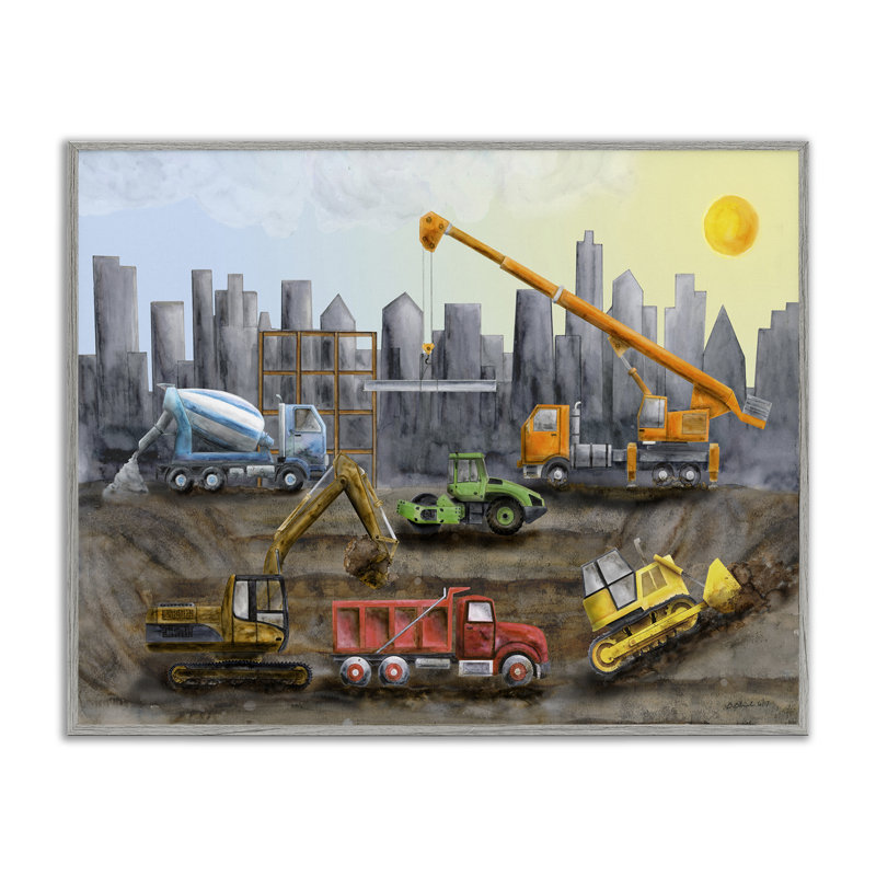 Camions de construction, ligne d'horizon, estampe numérique par Brett Blumenthal, H 11 po x l 14 po