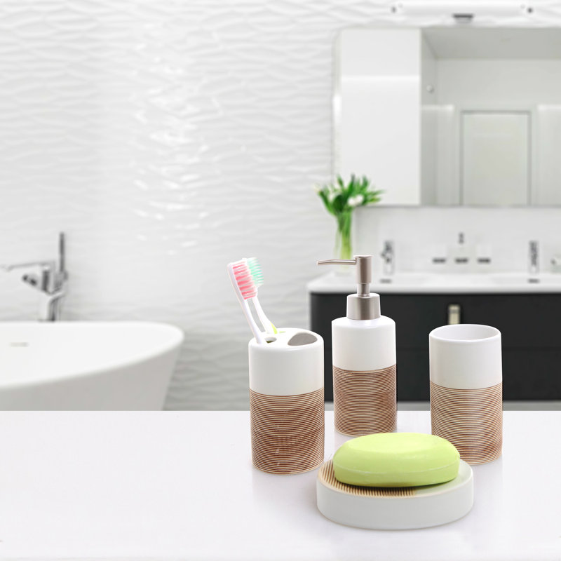 4 Piece Bathroom Accessory Set, White/Brown