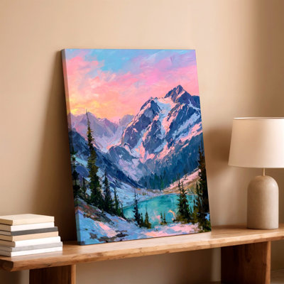 «Snowy Mountain Lake», peinture, coucher de soleil, forêt, reproduction d'art sur toile, rose, paysage naturel, œuvre pour le salon, chambre, bureau, couloir, galerie, décoration murale