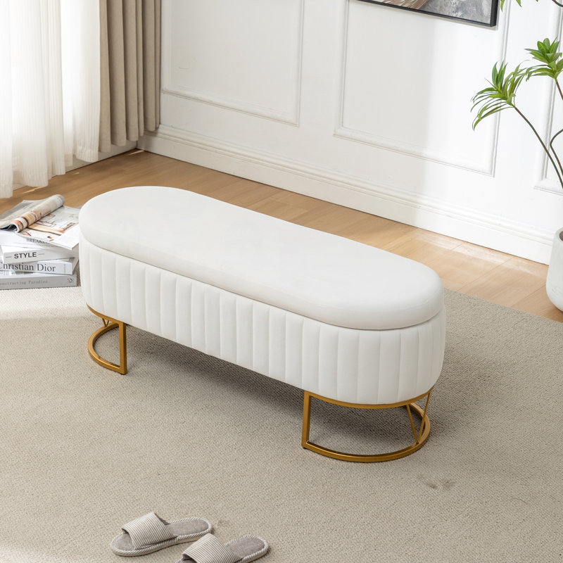 Banc repose-pieds en velours avec pieds en métal doré, Ivoire ivoire, Ivoire ivoire