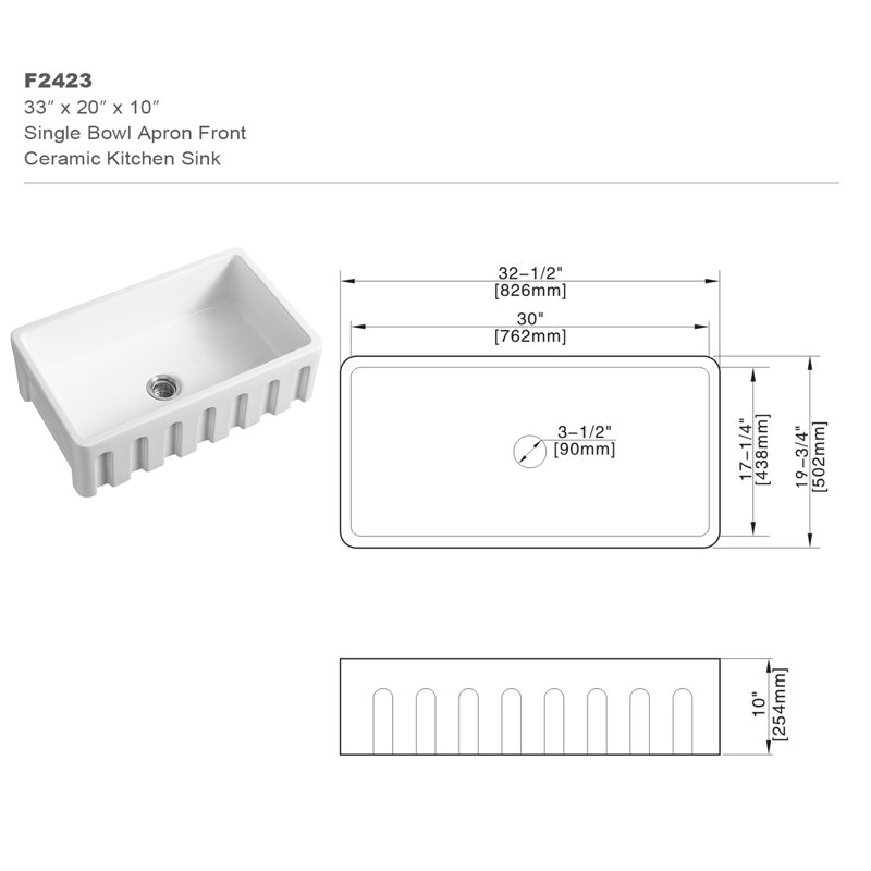 33'' L Single Bowl Ceramic Kitchen Sink