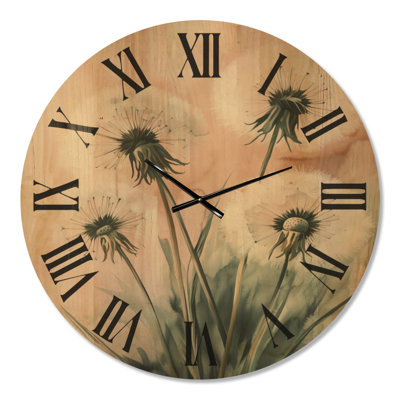 Prairie de pissenlits I - Horloge murale surdimensionnée à fleurs sauvages, imprimée sur bois