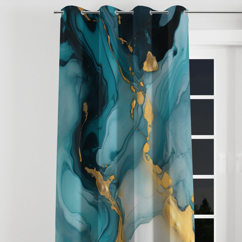 Turquoise Gold Infused Marble II - Modern Blackout Grommet Curtain - 1 panel, 52" W x 84" L, Silver Grommets