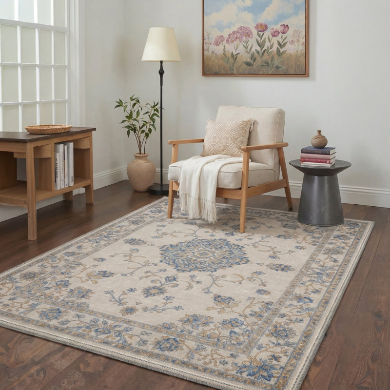 Abadou Floret Vintage Floral Medallion Machine Washable Beige / Blue Indoor Area Rug with Non-Slip Backing, Rectangle 6' x 9'