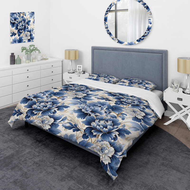 Ensemble de housse de couette à volutes bleu cobalt Acanthus, Housse de couette pour grand lit et 2 taies décor