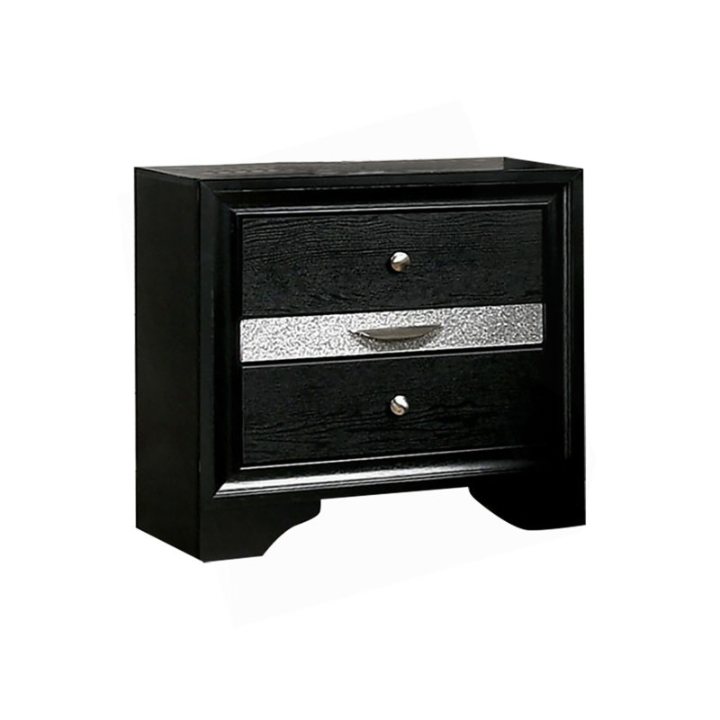 Table de chevet 3 tiroirs en bois avec boutons ronds en étain, Noir