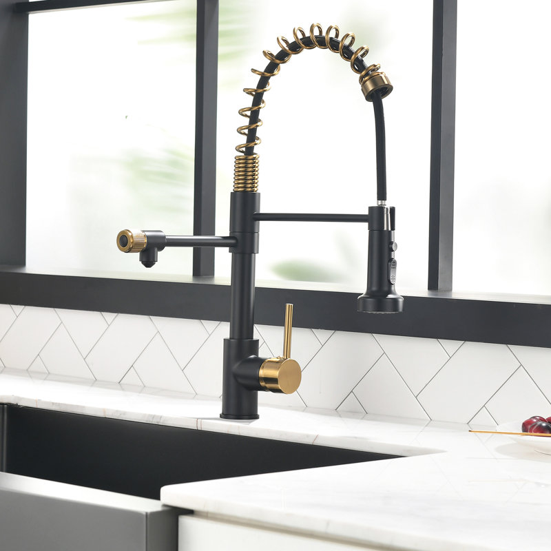 Black And Gold Purifier Kitchen Tap - Drinking Water Faucet With Pull Down Filter Sleek Appearance Sink In Advanced Design