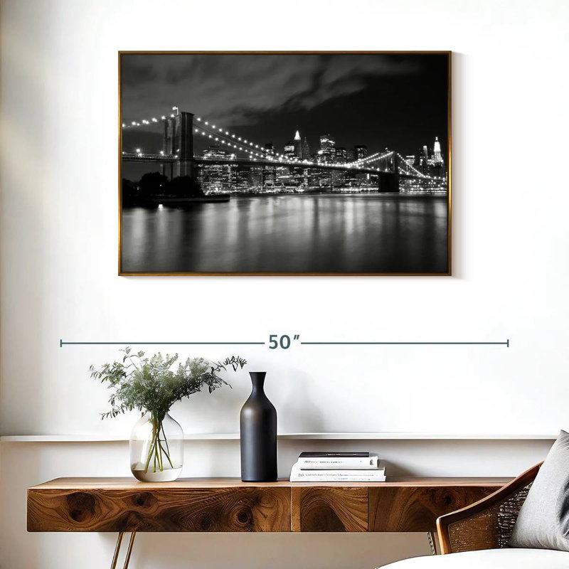 Pont de Brooklyn la nuit, Cadre flottant doré, 37 po x 25 po