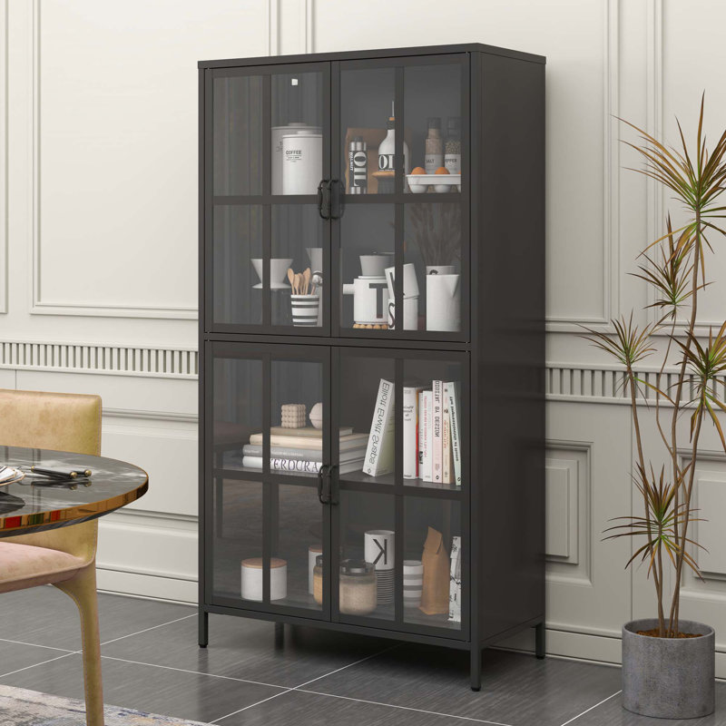 Armoire de rangement en métal avec portes en verre trempé, tablettes réglables
