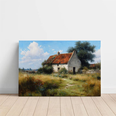 Art mural sur toile encadré en 2 dimensions, chalet champêtre, prairie de fleurs sauvages, impression sur toile de style campagne impressionniste, décoration murale, cadeau idéal pour chambre à coucher, vestibule, prêt à accrocher