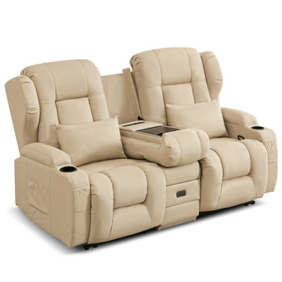Causeuse inclinable avec console de rangement rabattable, canapé inclinable manuel double avec poches, porte-gobelets et coussins
