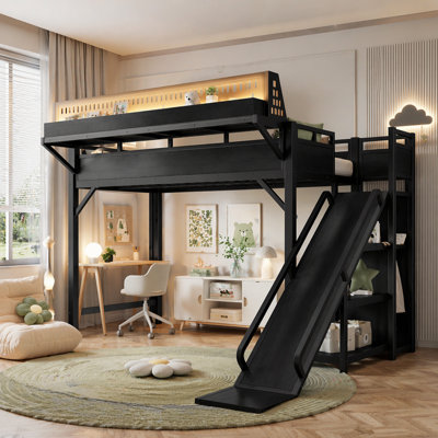 Lit mezzanine double avec glissoire, tablettes de rangement et garde-robe intégrée, cadre de lit mezzanine en métal avec ports USB et lumières DEL, avec panneau perforé, sécuritaire et solide, naturel
