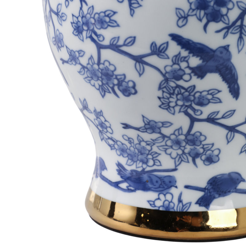 Table Lamp Ceramic And Floral Bird Print With Accents For Home Bedroom Living Room Office Traditional Glam Decor - 19" Blue, White, Gold