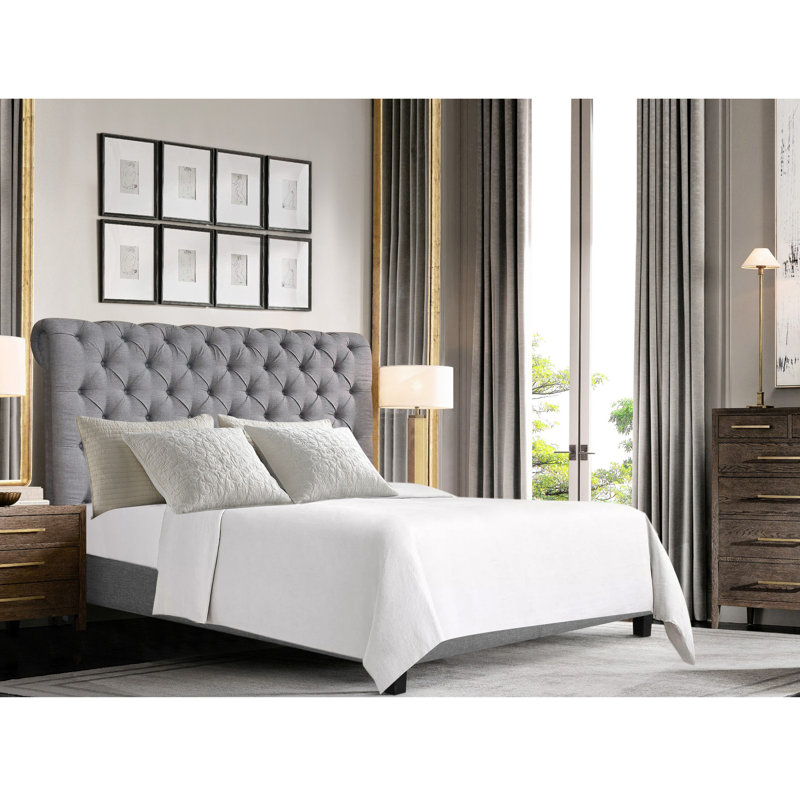 Winston Porter Fabric Upholstered Bed Frame with Adjustable Headboard, King, Black