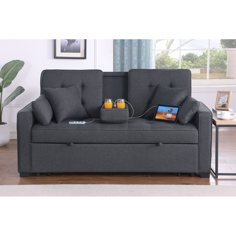 Cody II 70"W Dark Gray Linen Convertible Sleeper Loveseat With Dropdown Console, Cup Holders, Charging Ports, Pocket, And Pocket Coil Seating