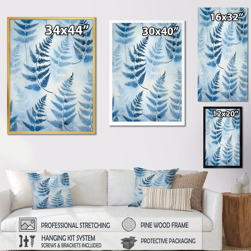 «Blue Fern Fond I» - Art mural sur toile à motif floral, Toile tendue, 32" H x 16" W