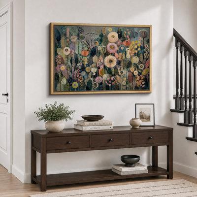 «Moody Teal Pink Wildflower Garden», reproduction d'art sur toile encadrée, impression sur toile