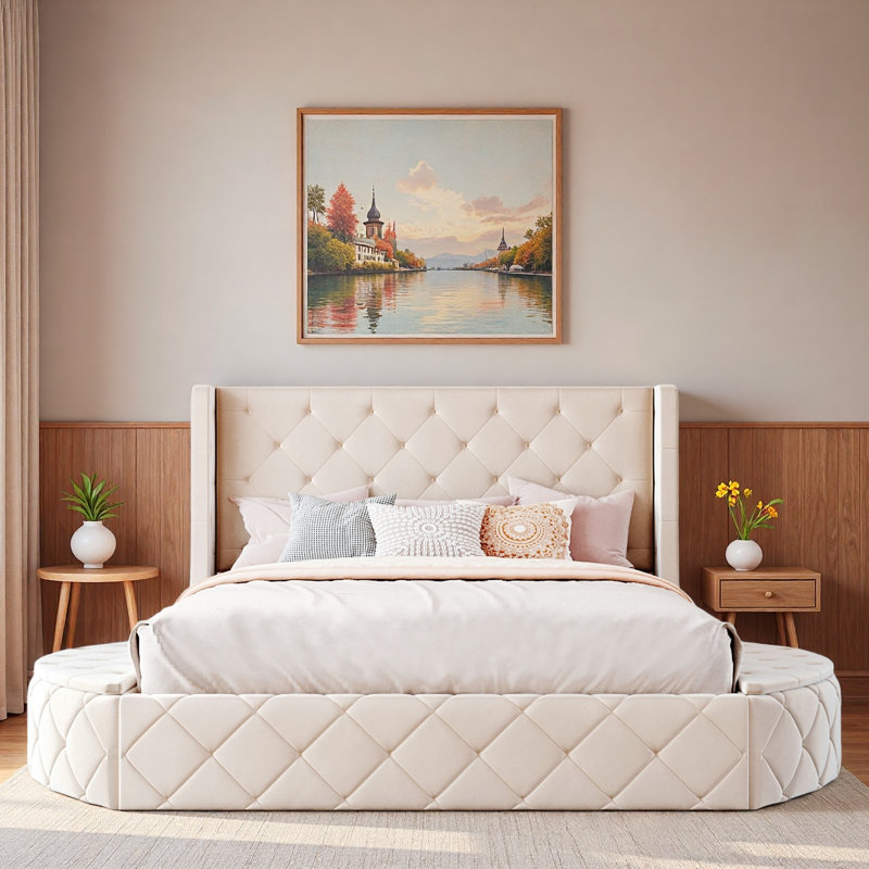 Lit plateforme tapissier avec tête de lit à oreilles, 1 grand tiroir et 2 tabourets de rangement latéraux, Beige
