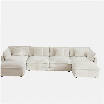 Comfort U Shaped Couch with Reversible Chaise, Modular Large U-Shape Sectional Sofa, Double Extra Ottomans,White Chenille