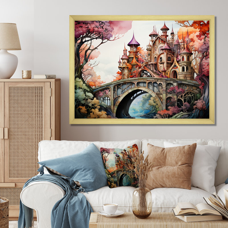 Beige Bridge Whimsical Archway, reproduction d'art sur toile encadrée, H 34 po x l 44 po x P 1,5 po, Encadrement doré