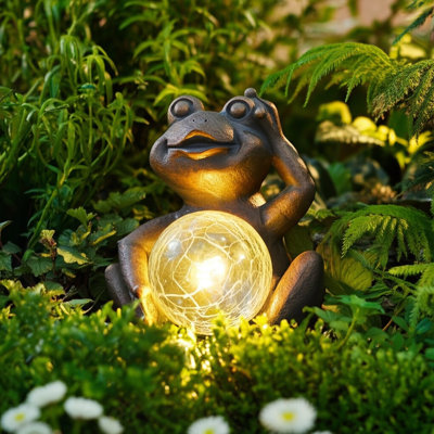 7-inch Polyresin Frog with Glowing Solar Orb in Antique Copper