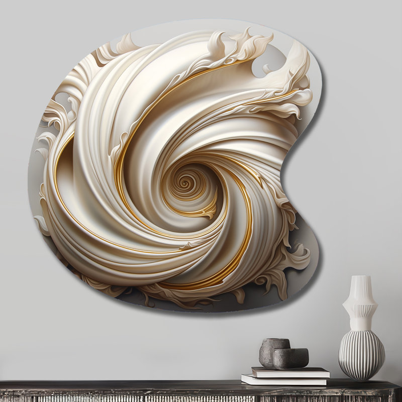 «Tender White Whirling Vision» - art mural asymétrique en forme de goutte à spirales abstraites, H 27 po x l 27 po