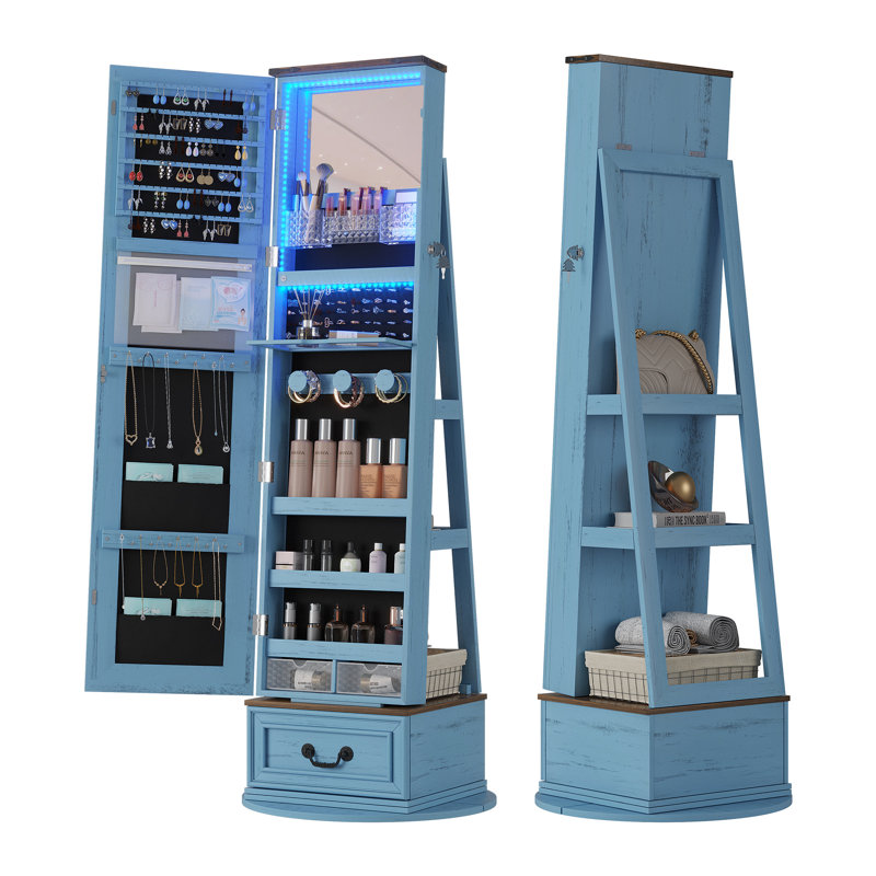 Jewelry Armoire Cabinet With Mirror, Led Lights, Rotating Storage Shelves, And Lockable Design, Blue