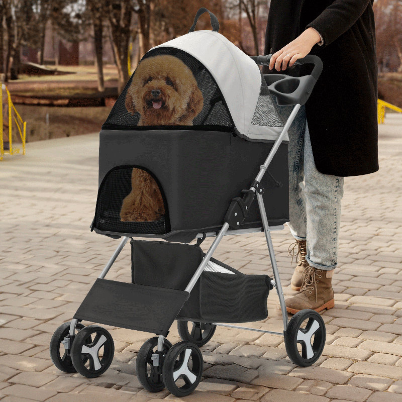 Black Foldable Steel Frame Dog Stroller with Storage