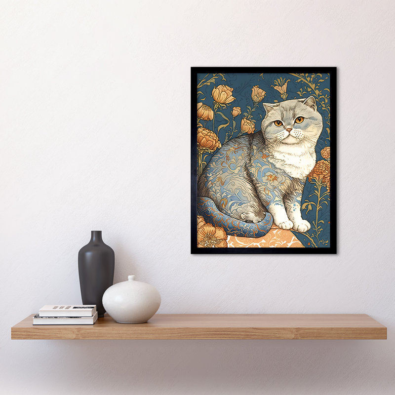 Cute Cat With Floral Pattern Fur And Autumn Flower Blooms Nouveau Modern - Single Picture Frame Print