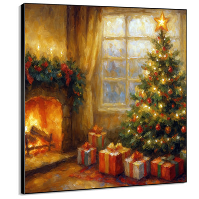 Très grand art mural imprimé sur tissu - Foyer de sapin de Noël doré, décoration de salon traditionnelle - «Assemblage requis du cadre (cadre non fini)»