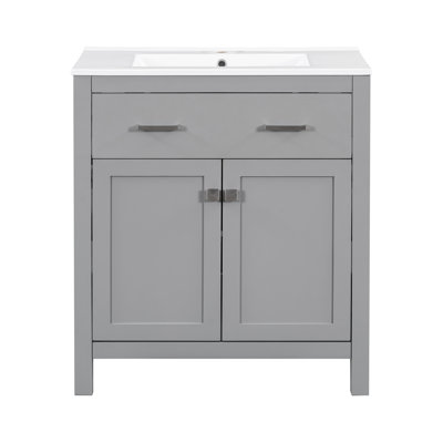 Meuble-lavabo double à finition grise moderne, avec tiroir et tablette réglable - Lavabo chic en céramique 60 po