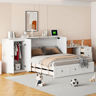 Grand lit blanc avec prise - grand tiroir, armoire intégrée / bureau de bureau et port garde-robe, style armoire spacieuse