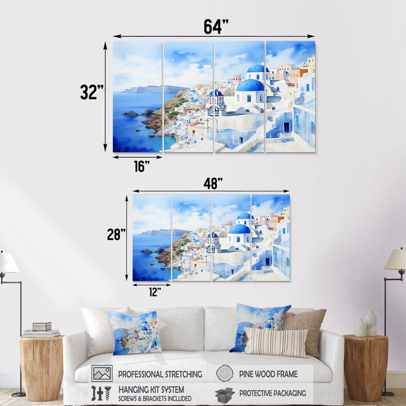 «Blue Santoriniisles III», art mural bleu et blanc pour le salon, 4 pièces, H 32 po x l 64 po
