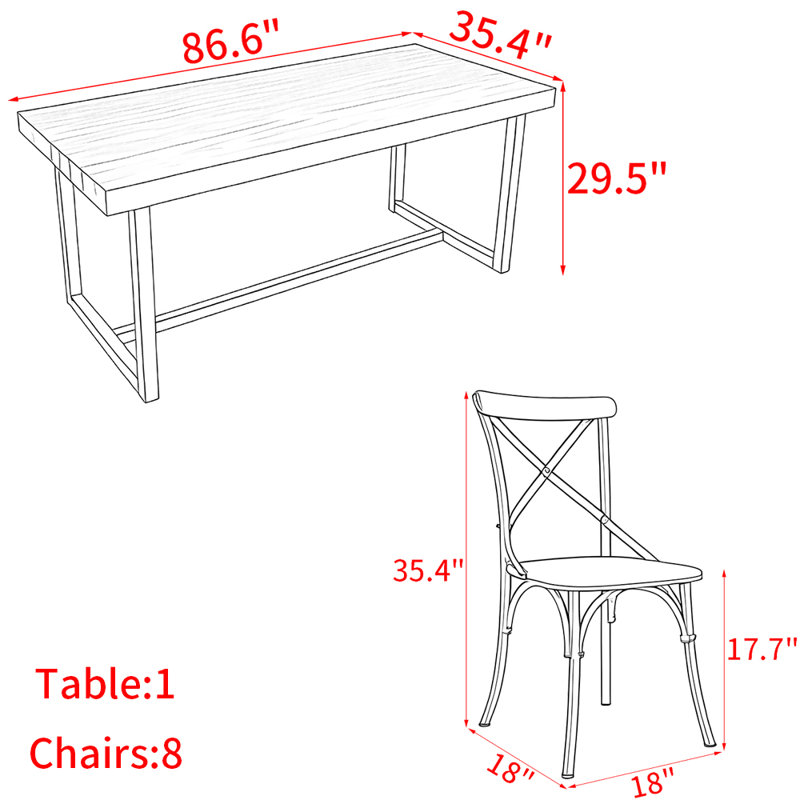 Modern simple solid wood and iron table set, 29.5"H x 86.6"L x 35.4"W
