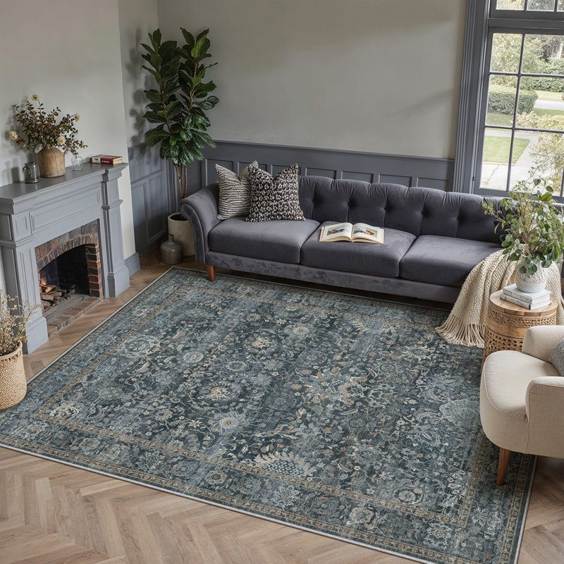 Tapis beige / brun / bleu Aurelia, Blue, Rectangle 6'x 9'
