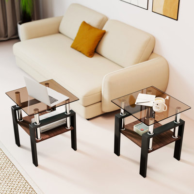 2 - Piece Modern Tempered Glass End And Coffee Table For Bedroom, Brown/Black, Fusion, 17.67"L X 17.67 "W 20.5 "H Of Square Tables Living Room, Black, Functional, 155Lbs Load Bearing, Easy To Clean