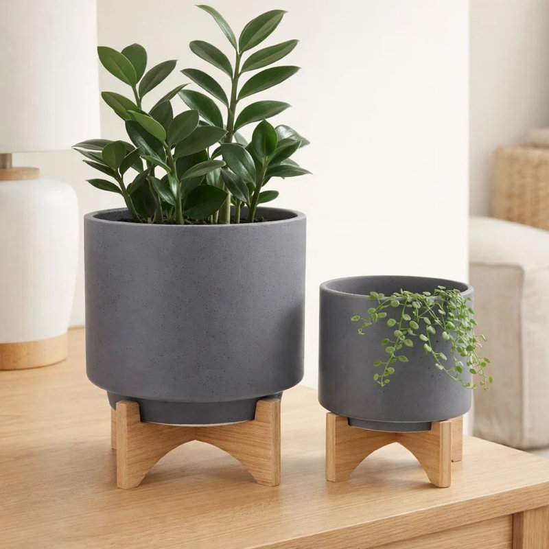 Ensemble de 2 jardinières d'intérieur sur support en bois brun naturel, céramique grise de 12 pouces, Gris / brun naturel