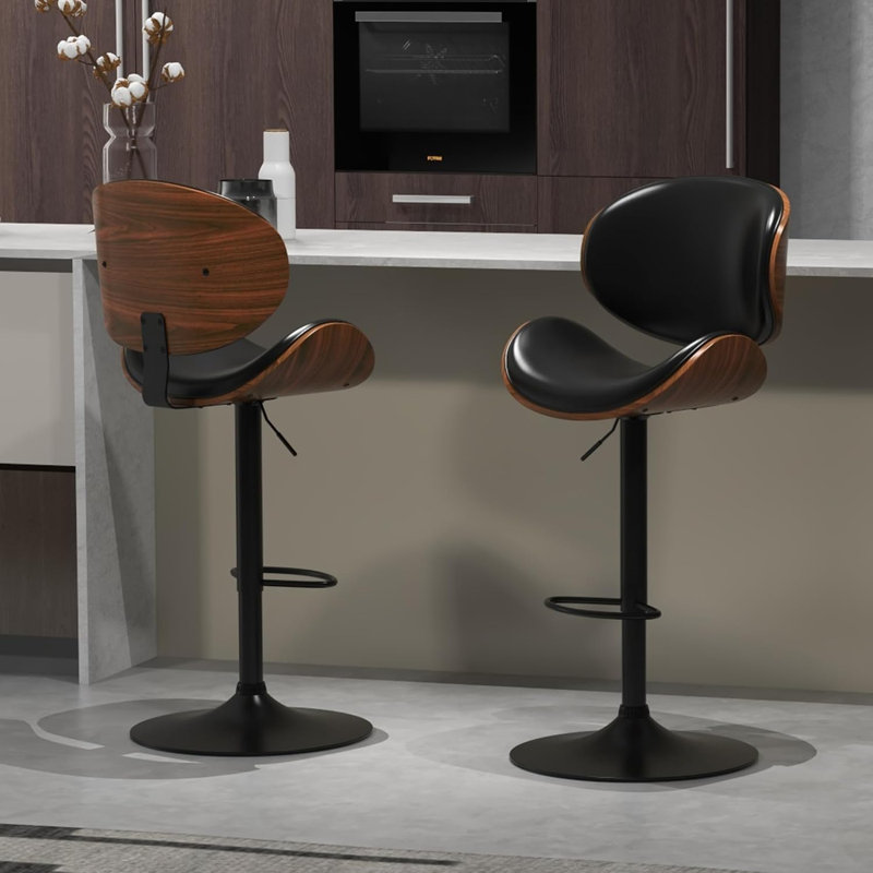 Bar Stools Set of 2, Adjustable Height(25"-32"), Swivel, Bentwood Seat & Back, Footrest, Black PU Leather, Black, Black