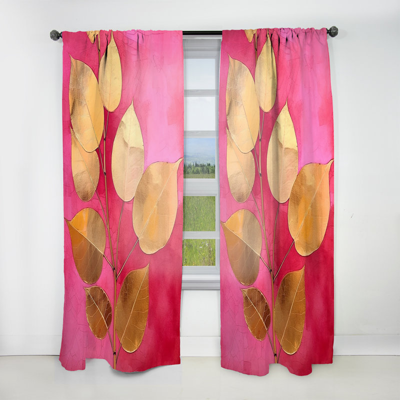 Pink Gold Leafs Harmony II - Floral Curtain - Velvet Room Darkening - 1 Panel, 52" W x 108" L