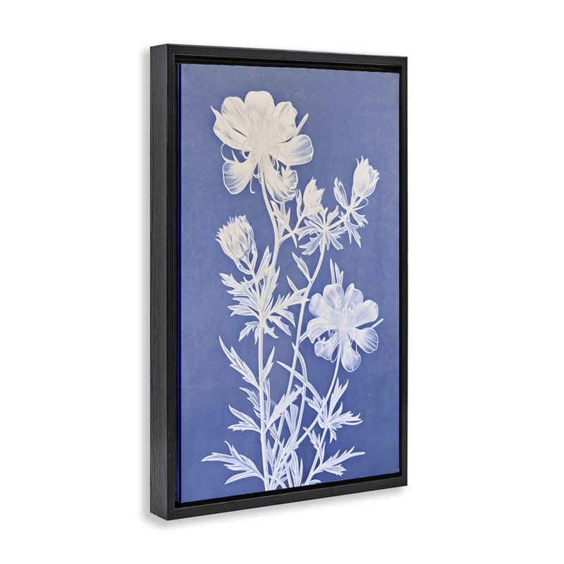 Toile flottante encadrée à motif botanique Cerulean par Petals Prints Design, H 25 po x l 17 po, Cadre flottant noir de jais