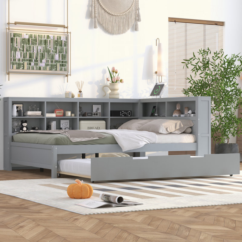 Wooden Daybed With Twin Size Trundle, Daybed With Storage Shelf And USB Charging Ports, Gray, Full
