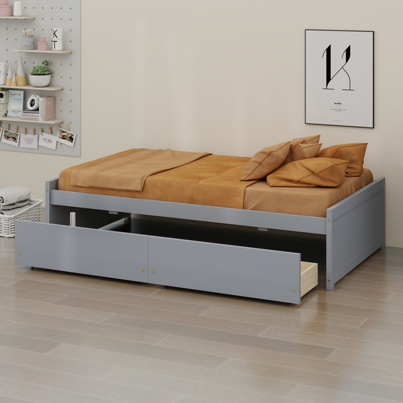 Lit en bois d'hévéa massif avec 2 tiroirs pratiques, Gris