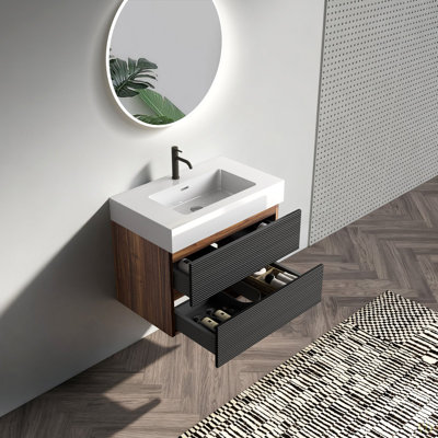 Meuble-lavabo 30 po avec lavabo en quartz d'ingénierie et tiroirs souples, meuble-lavabo mural flottant pour salle de bain moderne, lavabo une pièce lustré sans drain ni robinet, KD