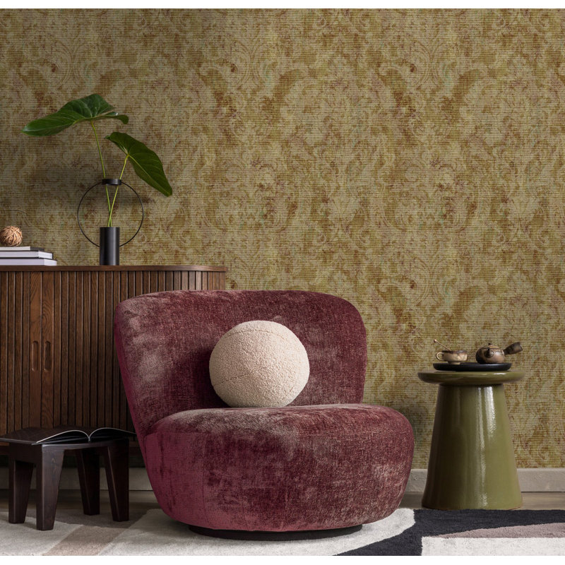 Cerra Collection Glass Bead Fleur Damask Design Wallpaper Roll, Cream