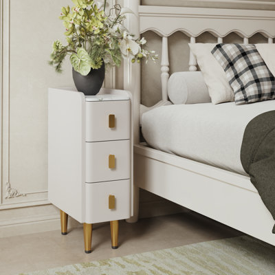 Agripina Narrow Nightstand with Drawers, Small Side Table with Leather Surface for Bedroom and Living Room